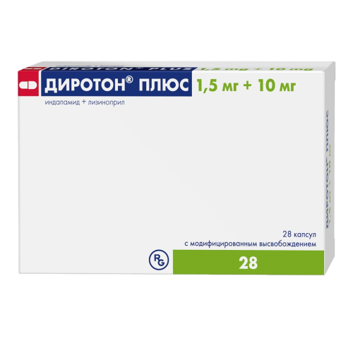 Диротон Плюс капсулы с модифицированным высвобождением 1,5 мг+10 мг 28 шт Диротон Плюс капсулы с модифицированным высвобождением 1,5 мг+10 мг 28 шт