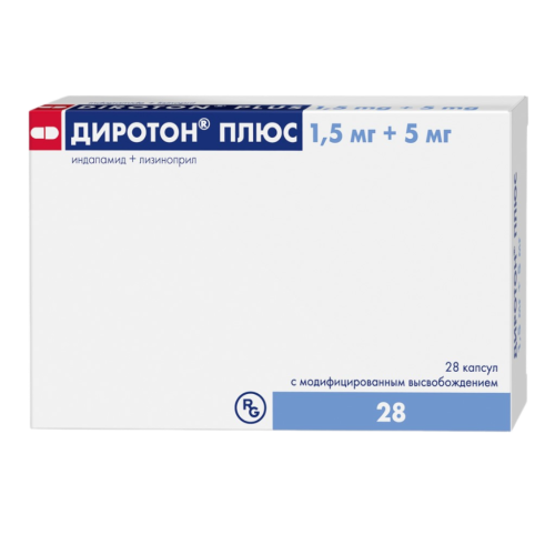 Диротон Плюс капсулы с модифицированным высвобождением 1,5 мг+5 мг 28 шт Диротон Плюс капсулы с модифицированным высвобождением 1,5 мг+5 мг 28 шт