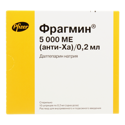 Фрагмин раствор для в/в и п/к введ 5000 анти-xa ме/0,2 мл 0,2 мл шприцы 10 шт. Фрагмин раствор для в/в и п/к введ 5000 анти-xa ме/0,2 мл 0,2 мл шприцы 10 шт.
