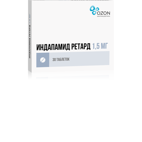 Индапамид ретард таблетки с пролонг высвобождением покрыт.плен.об. 1,5 мг 30 шт Индапамид ретард таблетки с пролонг высвобождением покрыт.плен.об. 1,5 мг 30 шт