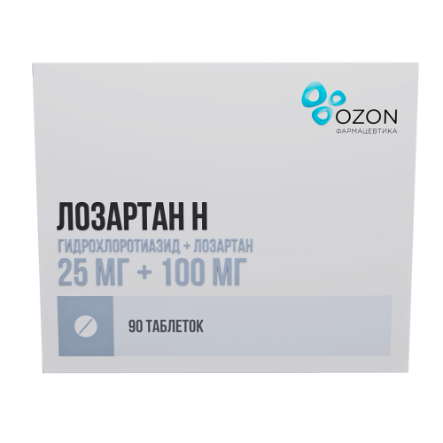Лозартан-Н таблетки покрыт.плен.об. 25 мг+100 мг 90 шт Лозартан-Н таблетки покрыт.плен.об. 25 мг+100 мг 90 шт