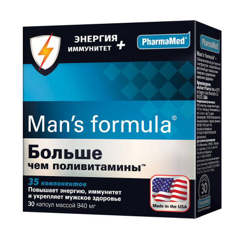 Менс формула / Man's formula Больше чем поливитамины Энергия+Иммунитет капсулы массой 940 мг 30 шт Менс формула / Man's formula Больше чем поливитамины Энергия+Иммунитет капсулы массой 940 мг 30 шт