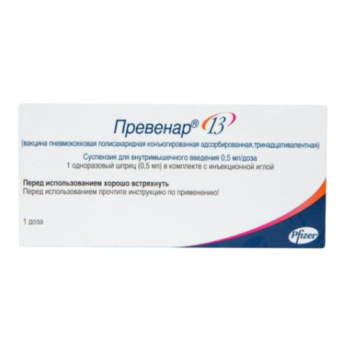Превенар 13 суспензия для в/м введ 0,5 мл/доза 0,5 мл шприцы 1 шт Превенар 13 суспензия для в/м введ 0,5 мл/доза 0,5 мл шприцы 1 шт