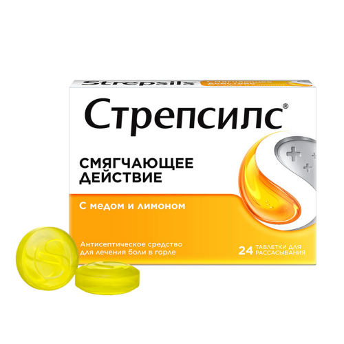 Стрепсилс с медом и лимоном таблетки для рассасывания 24 шт Стрепсилс с медом и лимоном таблетки для рассасывания 24 шт